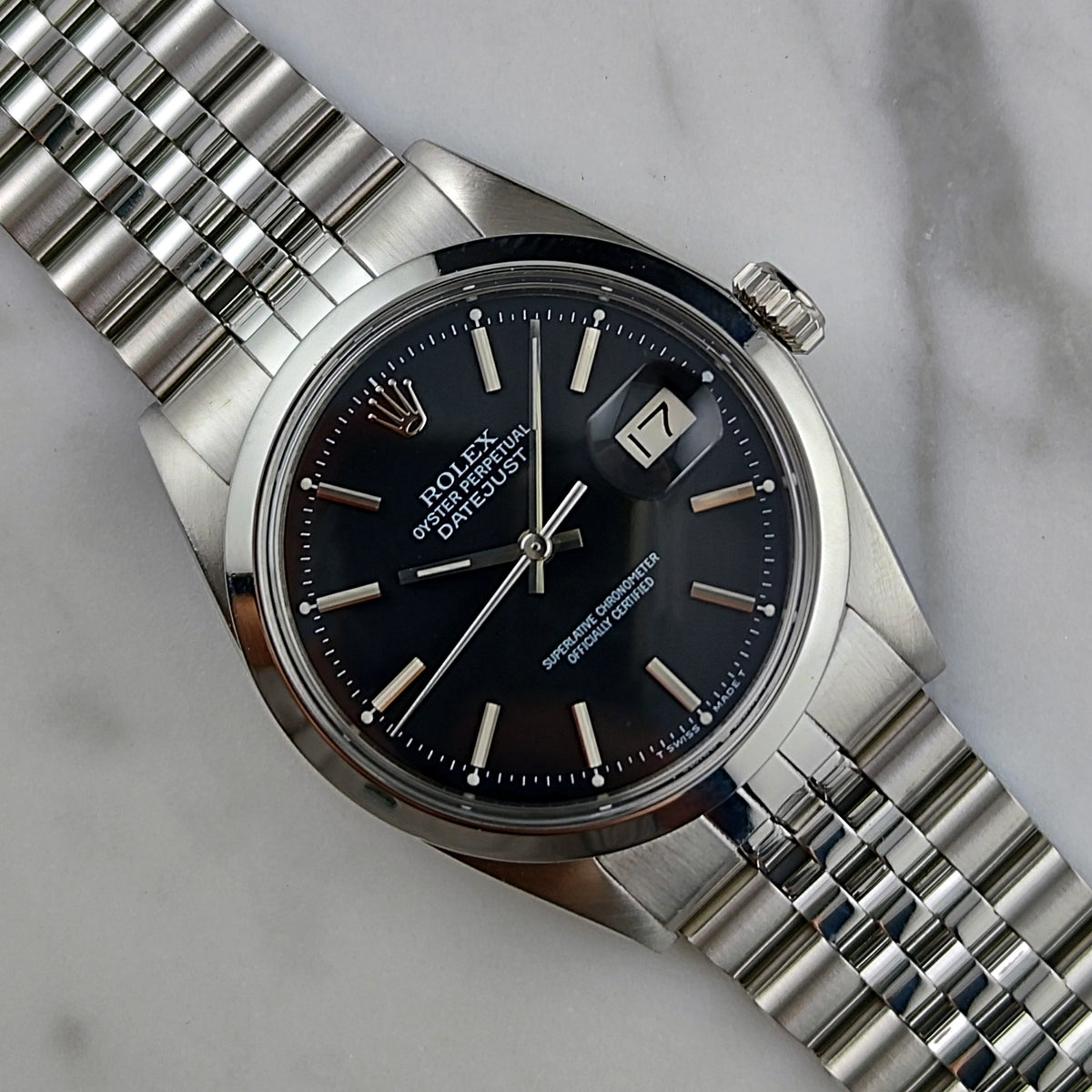 Rolex Datejust 36 Black Dial 1980 Serviced 10/2026 – Vorderansicht Zifferblatt mit Datum