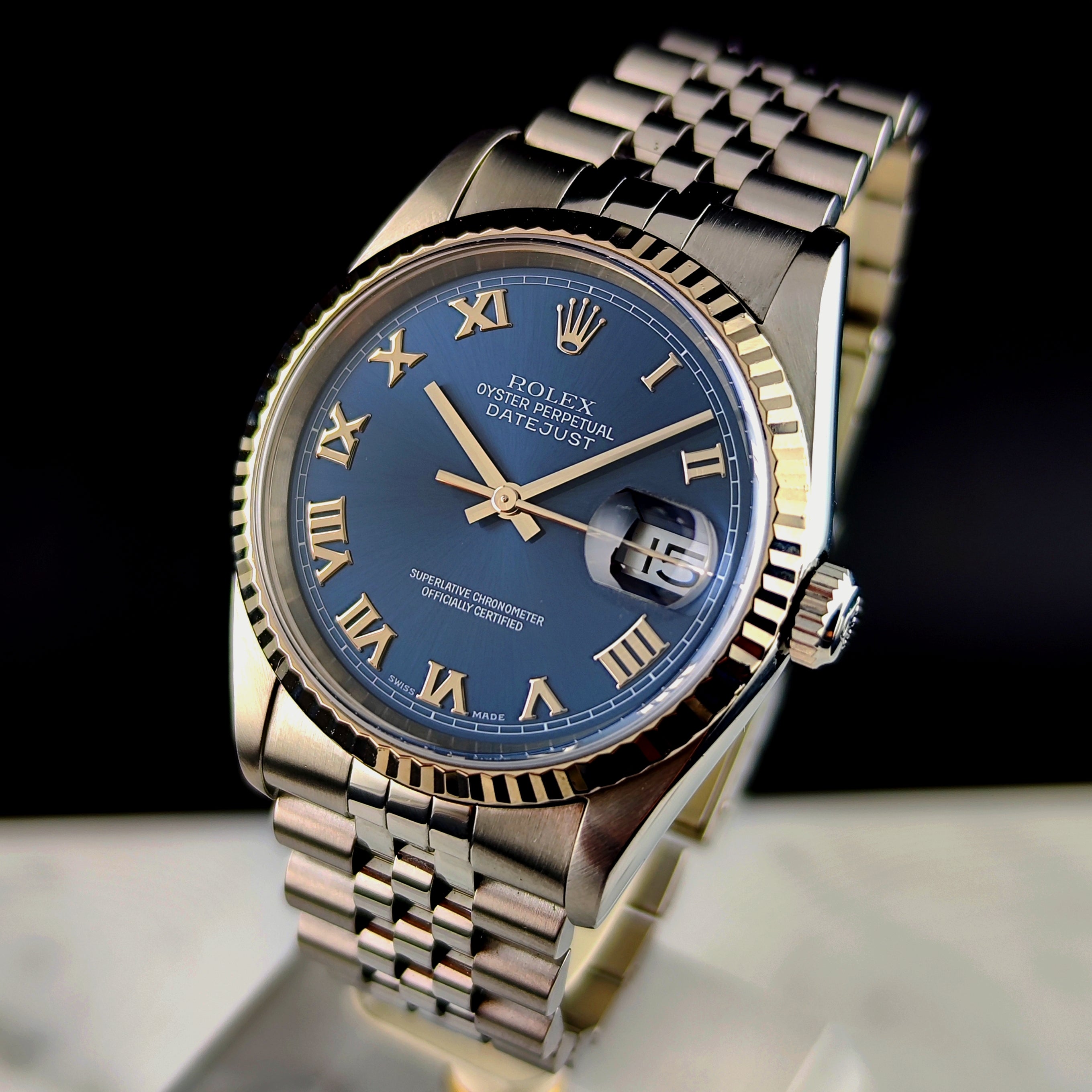 316　❦ルージュ❦ ROLEX Datejust 36 Blue Roman Dial 18ct Bezel 2000 Serviced 05/2026