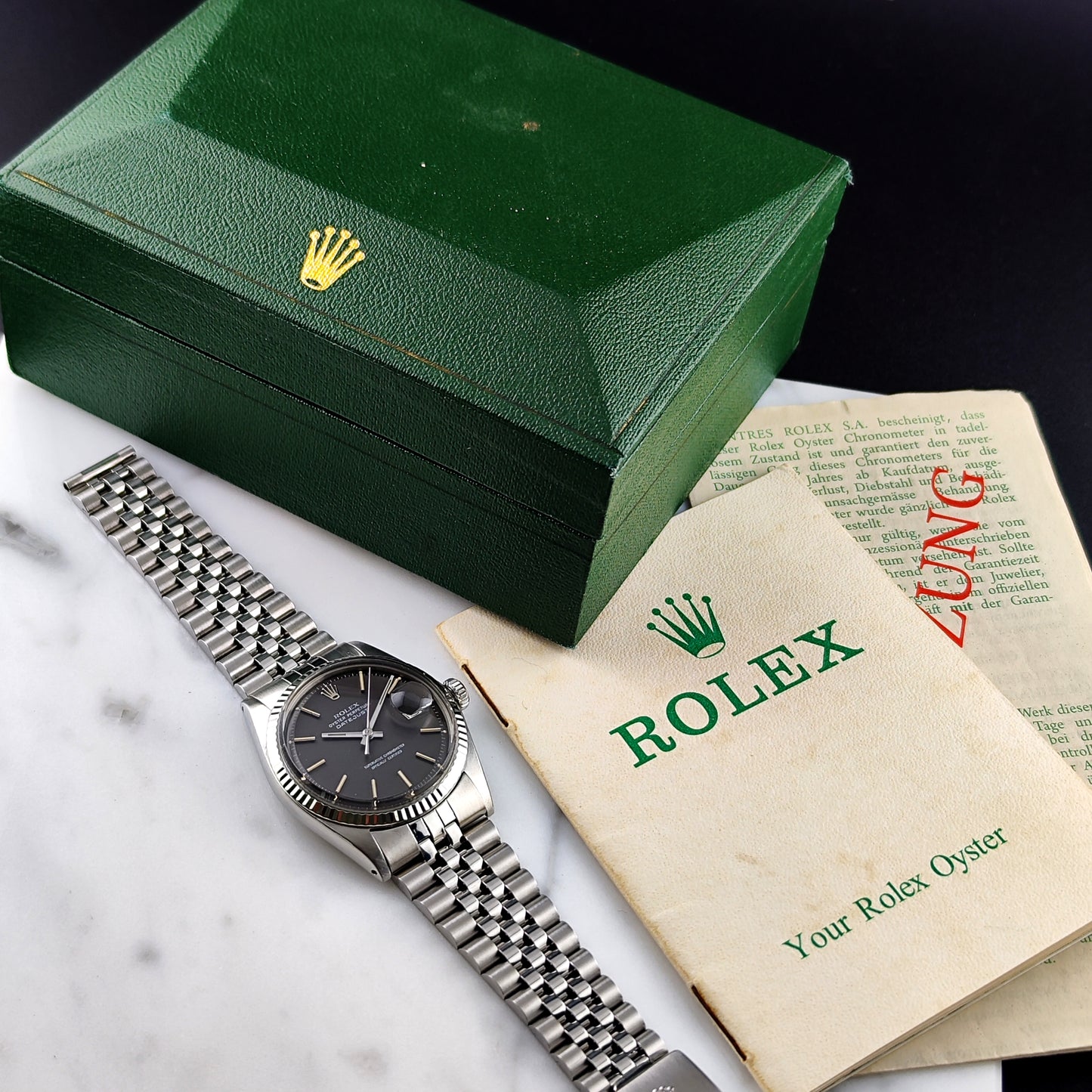 ROLEX Datejust 36 Grey Dial 18ct Bezel 1970 Fullset Serviced [REF. 1601]