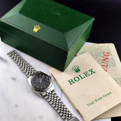 ROLEX Datejust 36 Grey Dial 18ct Bezel 1970 Fullset Serviced [REF. 1601]