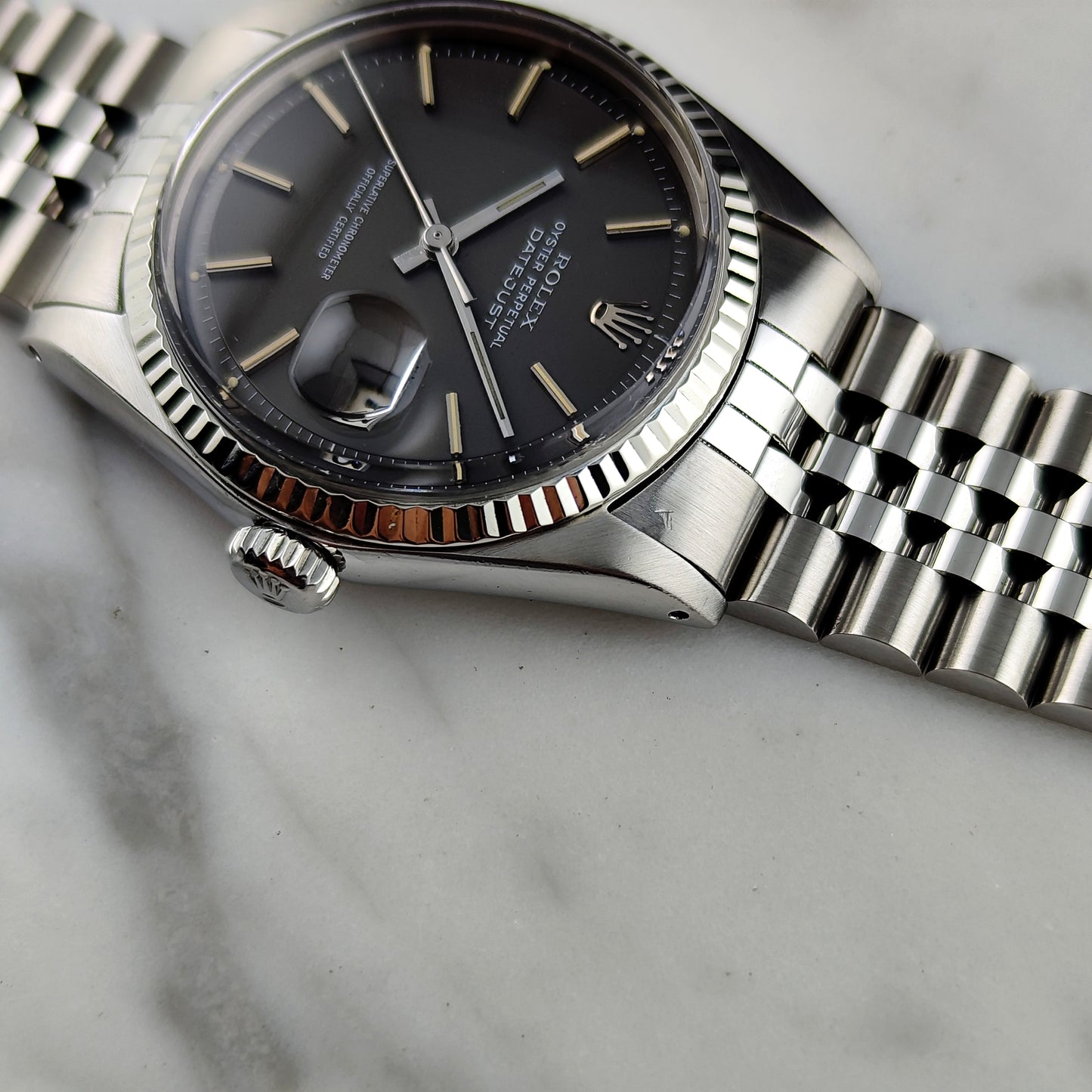 ROLEX Datejust 36 Grey Dial 18ct Bezel 1970 Fullset Serviced [REF. 1601]