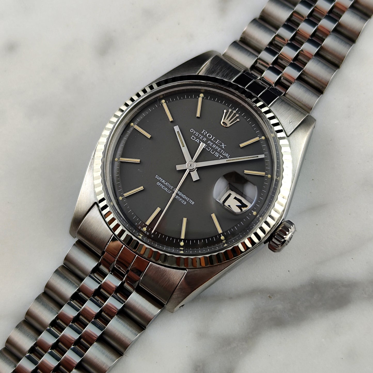 ROLEX Datejust 36 Grey Dial 18ct Bezel 1970 Fullset Serviced [REF. 1601]