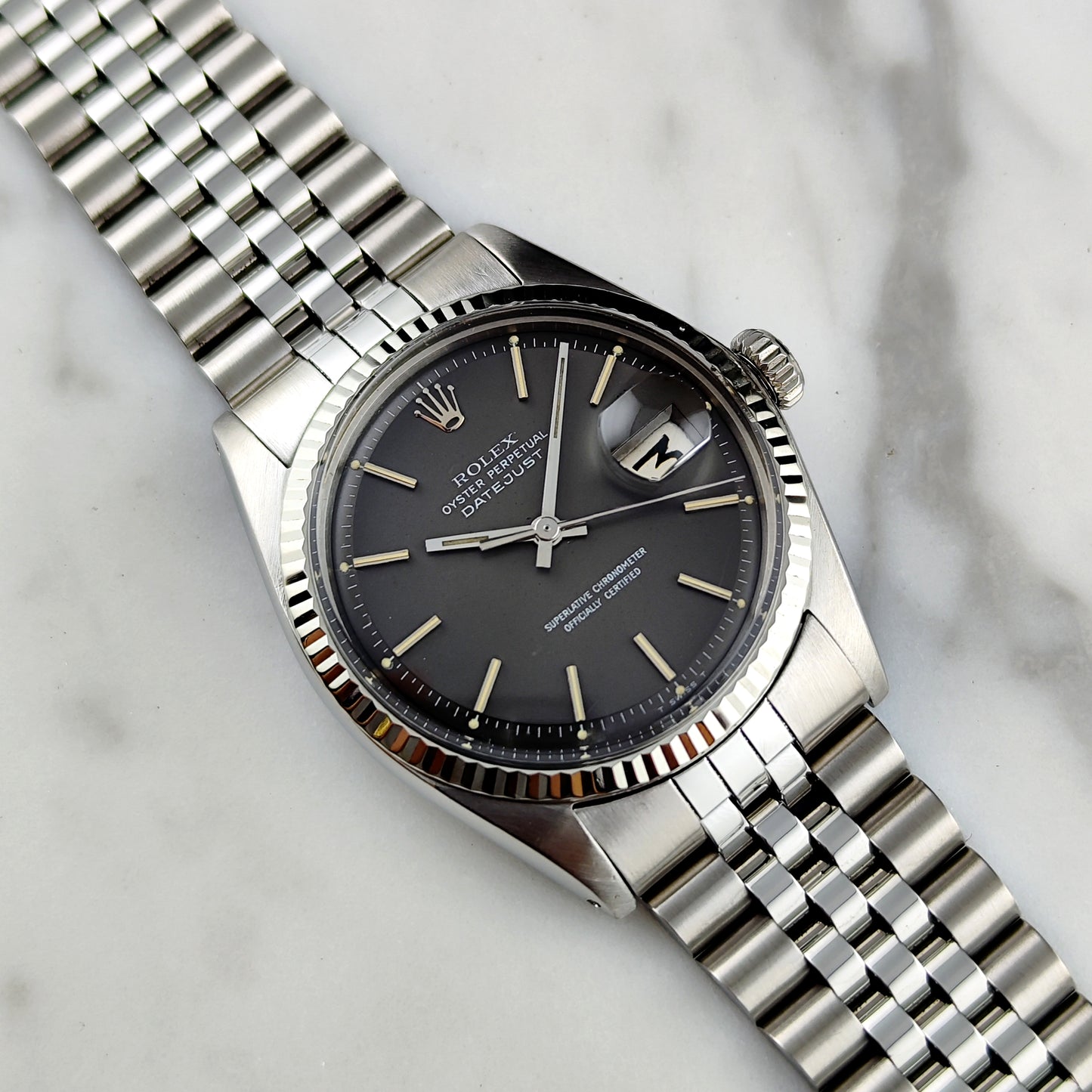 ROLEX Datejust 36 Grey Dial 18ct Bezel 1970 Fullset Serviced [REF. 1601]