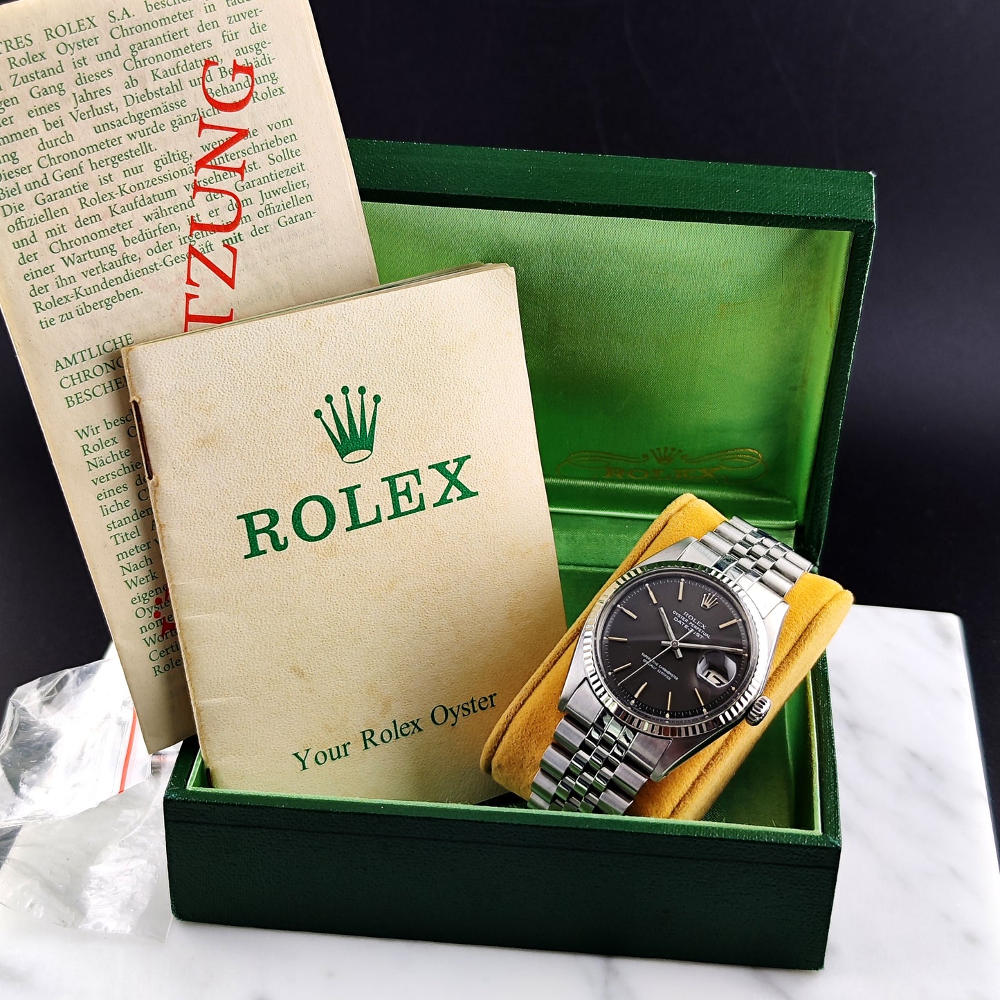 ROLEX Datejust 36 Grey Dial 18ct Bezel 1970 Fullset Serviced [REF. 1601]