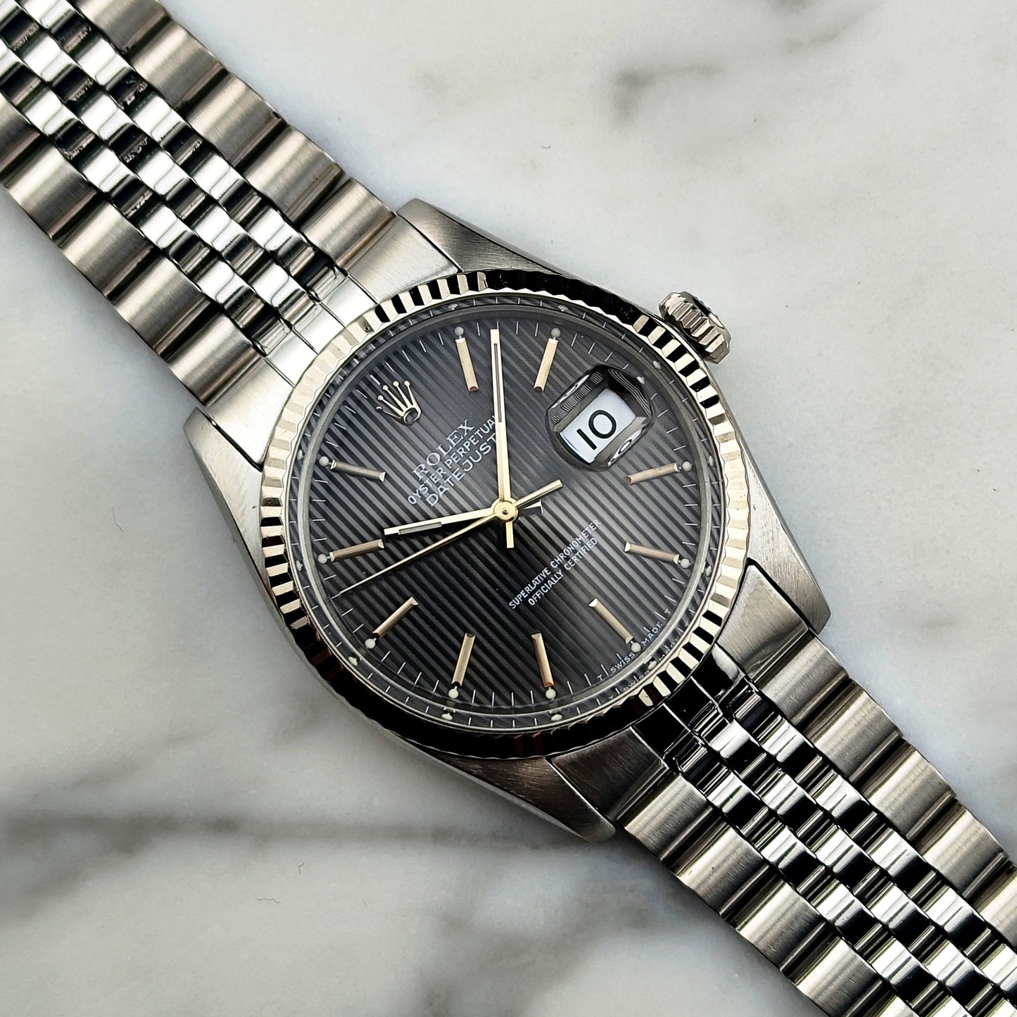 ROLEX Datejust 36 Grey Tapestry Dial Mint 1984 White Gold Bezel Serviced 01/2026