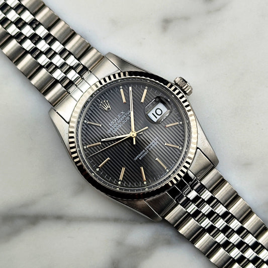 ROLEX Datejust 36 Grey Tapestry Dial Mint 1984 White Gold Bezel Serviced 01/2026