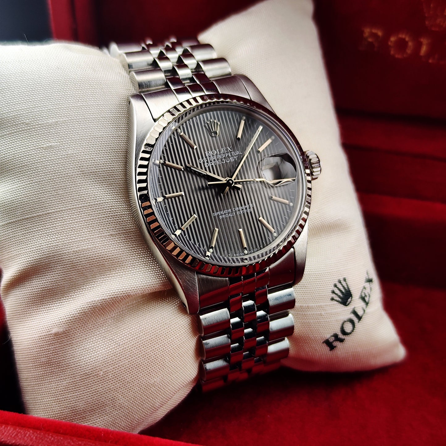 ROLEX Datejust 36 Grey Tapestry Dial Mint 1984 White Gold Bezel Serviced 01/2026