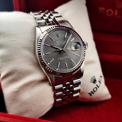 ROLEX Datejust 36 Grey Tapestry Dial Mint 1984 White Gold Bezel Serviced 01/2026