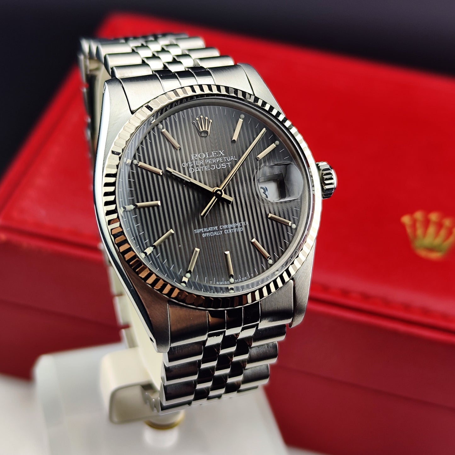 ROLEX Datejust 36 Grey Tapestry Dial Mint 1984 White Gold Bezel Serviced 01/2026