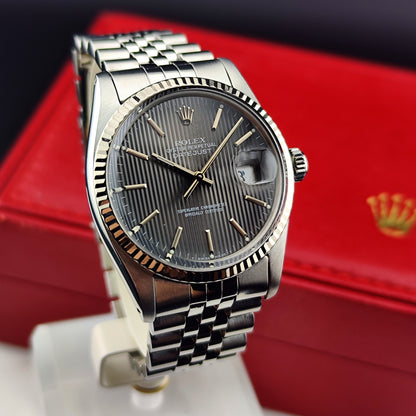 ROLEX Datejust 36 Grey Tapestry Dial Mint 1984 White Gold Bezel Serviced 01/2026