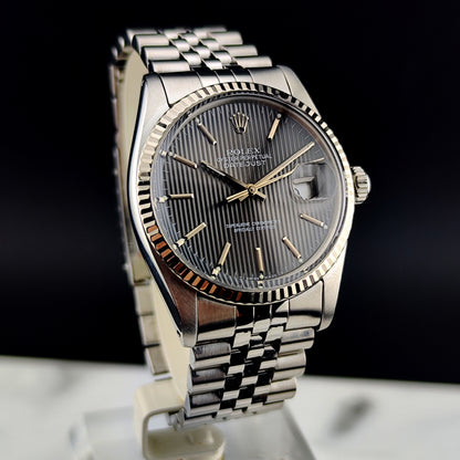 ROLEX Datejust 36 Grey Tapestry Dial Mint 1984 White Gold Bezel Serviced 01/2026