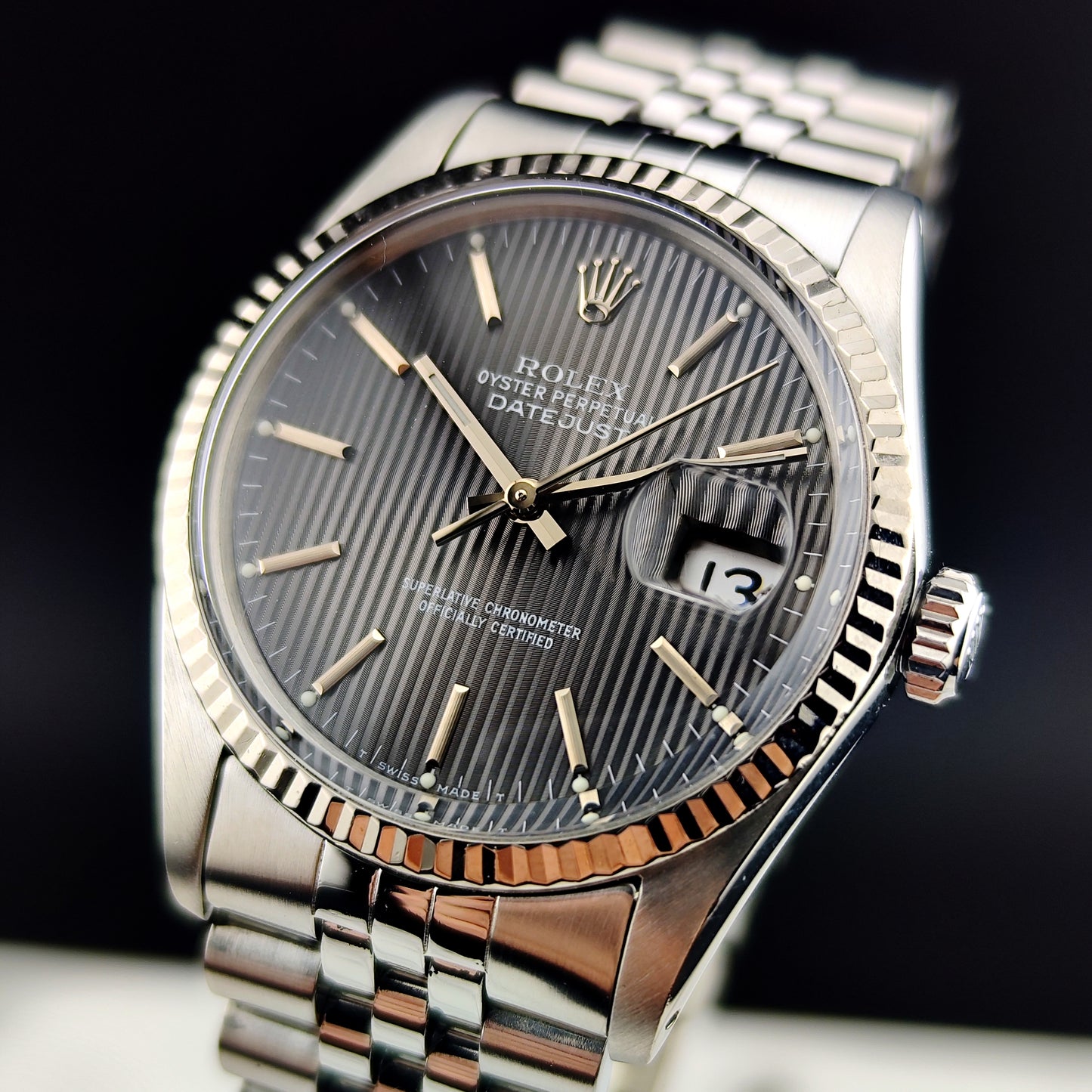 ROLEX Datejust 36 Grey Tapestry Dial Mint 1984 White Gold Bezel Serviced 01/2026