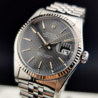 ROLEX Datejust 36 Grey Tapestry Dial Mint 1984 White Gold Bezel Serviced 01/2026