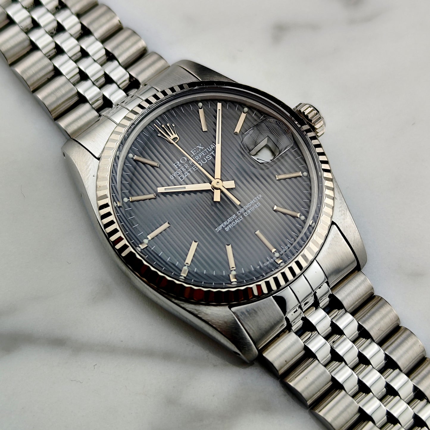 ROLEX Datejust 36 Grey Tapestry Dial Mint 1984 White Gold Bezel Serviced 01/2026