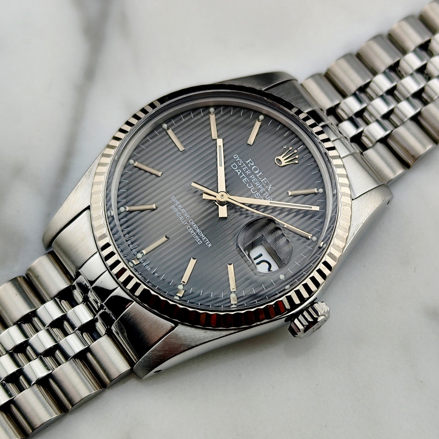 ROLEX Datejust 36 Grey Tapestry Dial Mint 1984 White Gold Bezel Serviced 01/2026