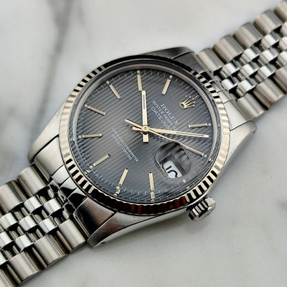 ROLEX Datejust 36 Grey Tapestry Dial Mint 1984 White Gold Bezel Serviced 01/2026