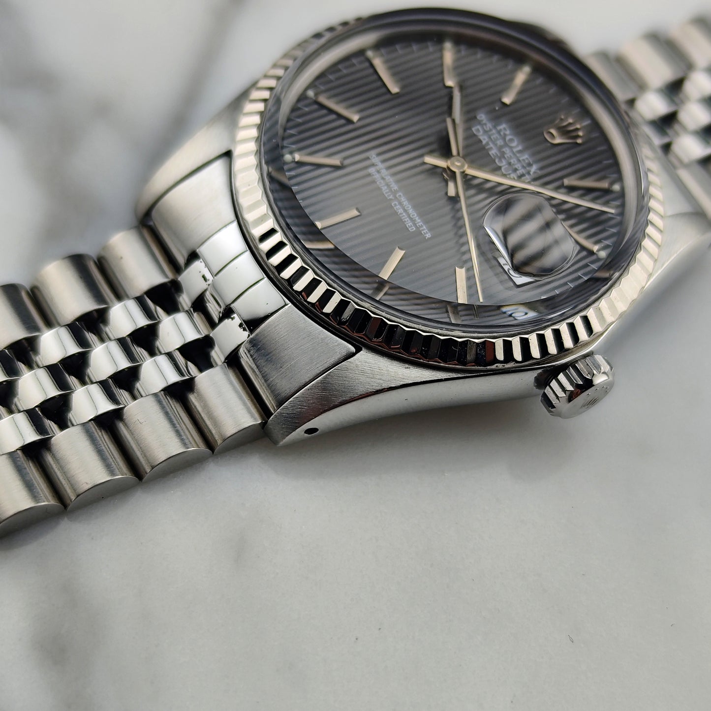 ROLEX Datejust 36 Grey Tapestry Dial Mint 1984 White Gold Bezel Serviced 01/2026