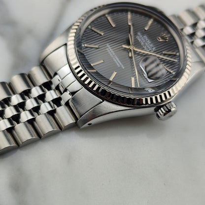 ROLEX Datejust 36 Grey Tapestry Dial Mint 1984 White Gold Bezel Serviced 01/2026