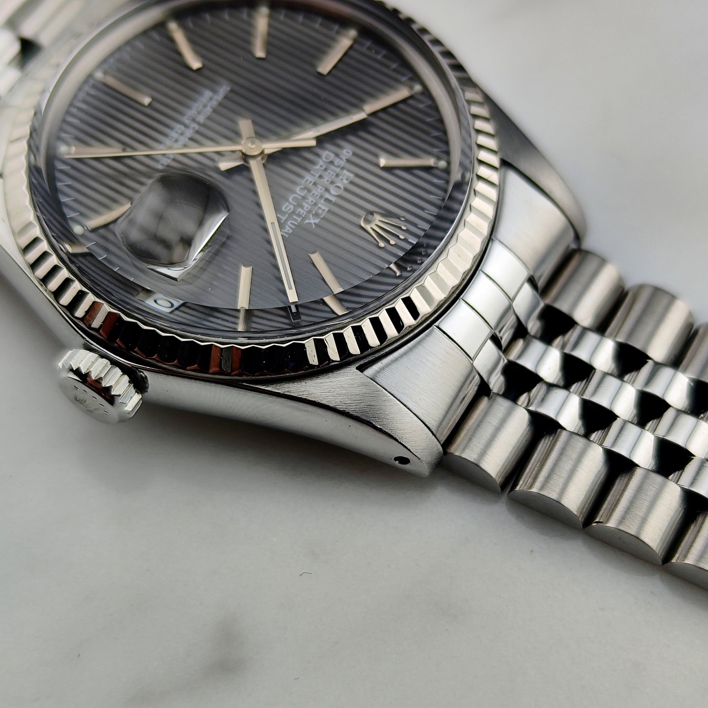 ROLEX Datejust 36 Grey Tapestry Dial Mint 1984 White Gold Bezel Serviced 01/2026