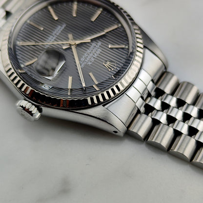 ROLEX Datejust 36 Grey Tapestry Dial Mint 1984 White Gold Bezel Serviced 01/2026