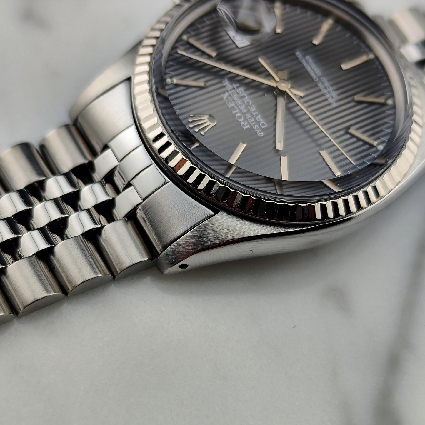ROLEX Datejust 36 Grey Tapestry Dial Mint 1984 White Gold Bezel Serviced 01/2026