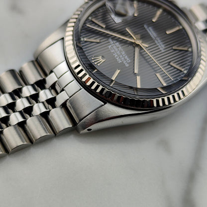 ROLEX Datejust 36 Grey Tapestry Dial Mint 1984 White Gold Bezel Serviced 01/2026