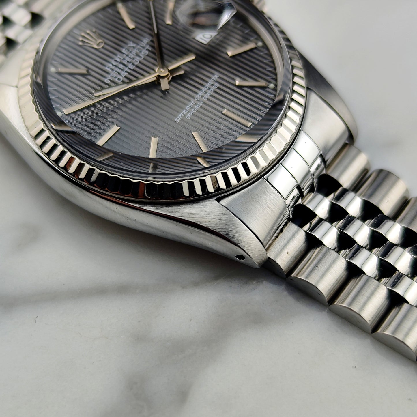 ROLEX Datejust 36 Grey Tapestry Dial Mint 1984 White Gold Bezel Serviced 01/2026