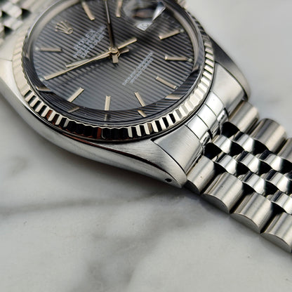 ROLEX Datejust 36 Grey Tapestry Dial Mint 1984 White Gold Bezel Serviced 01/2026