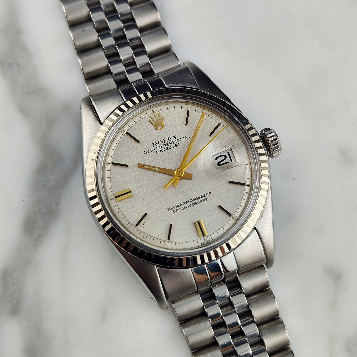 Rolex Datejust 36 Silver Linen Dial Gold 18ct Bezel 1974 [REF. 1601]