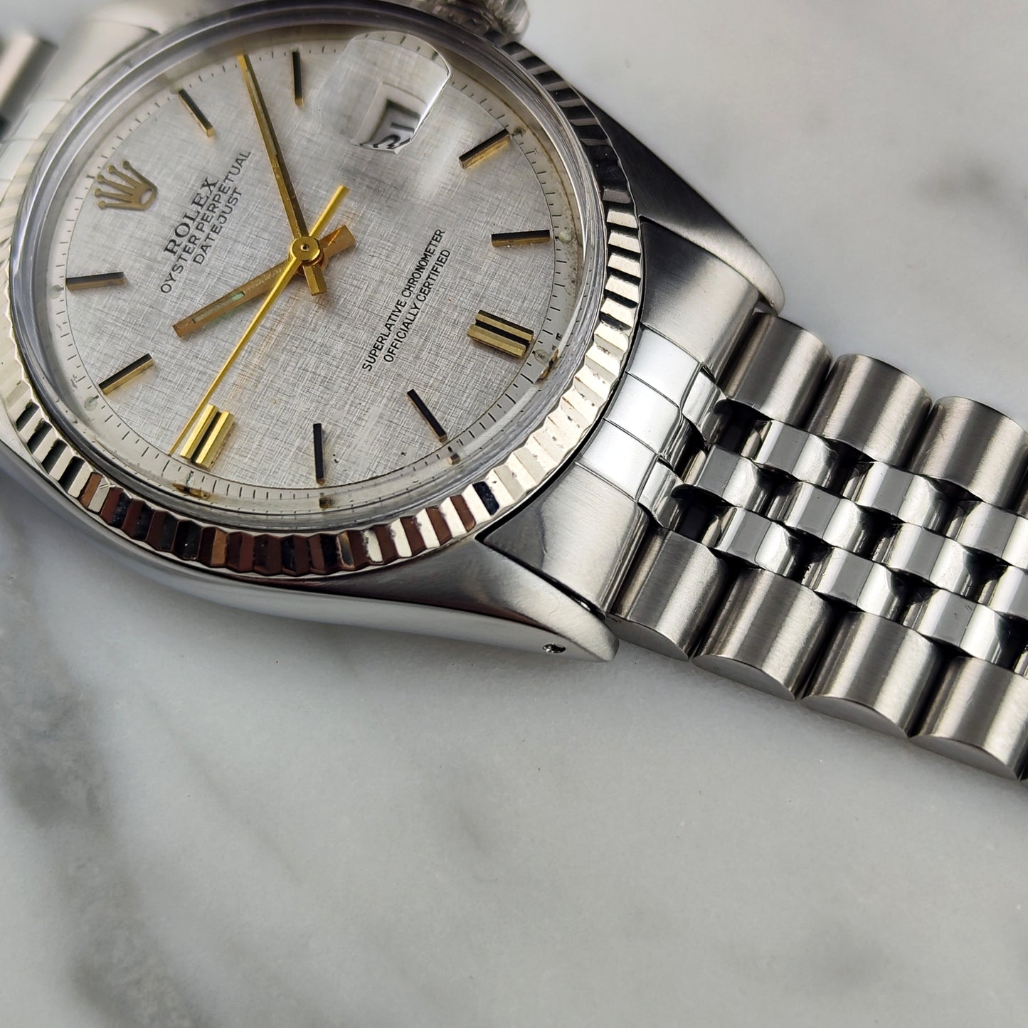 Rolex Datejust 36 Silver Linen Dial Gold 18ct Bezel 1974 [REF. 1601]