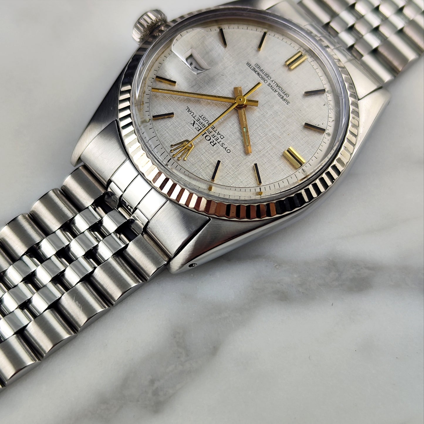 Rolex Datejust 36 Silver Linen Dial Gold 18ct Bezel 1974 [REF. 1601]