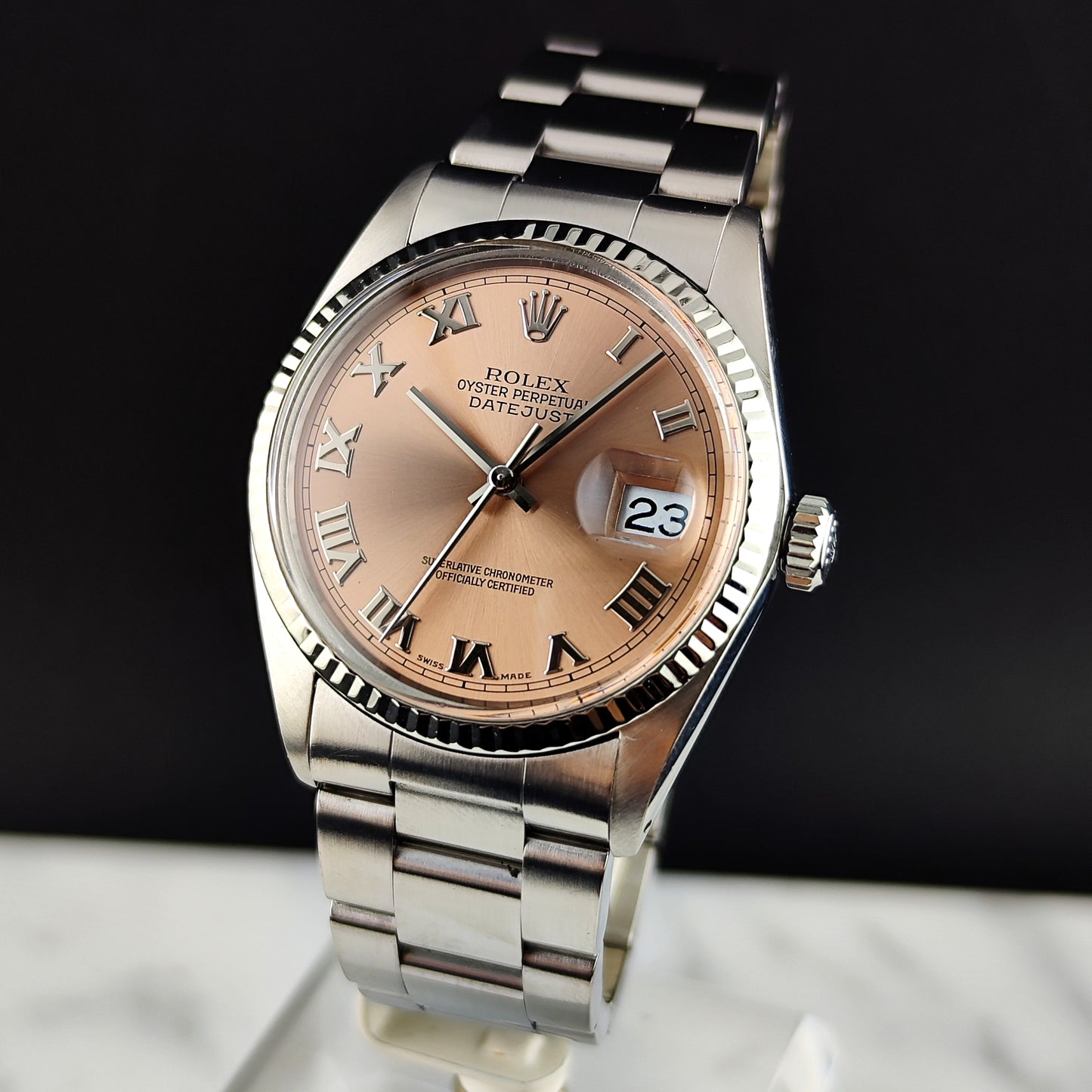 Rolex Datejust 36 Salmon Pink Roman Dial 18ct Bezel Mint+ [REF. 16014]