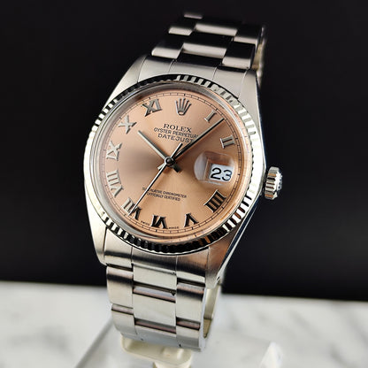 Rolex Datejust 36 Salmon Pink Roman Dial 18ct Bezel Mint+ [REF. 16014]