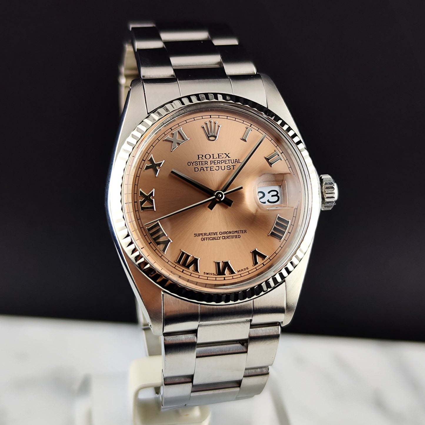 Rolex Datejust 36 Salmon Pink Roman Dial 18ct Bezel Mint+ [REF. 16014]