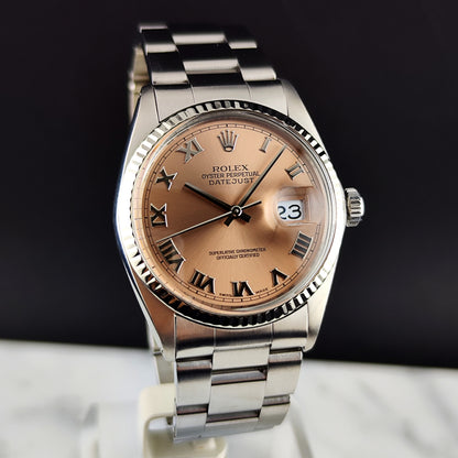 Rolex Datejust 36 Salmon Pink Roman Dial 18ct Bezel Mint+ [REF. 16014]