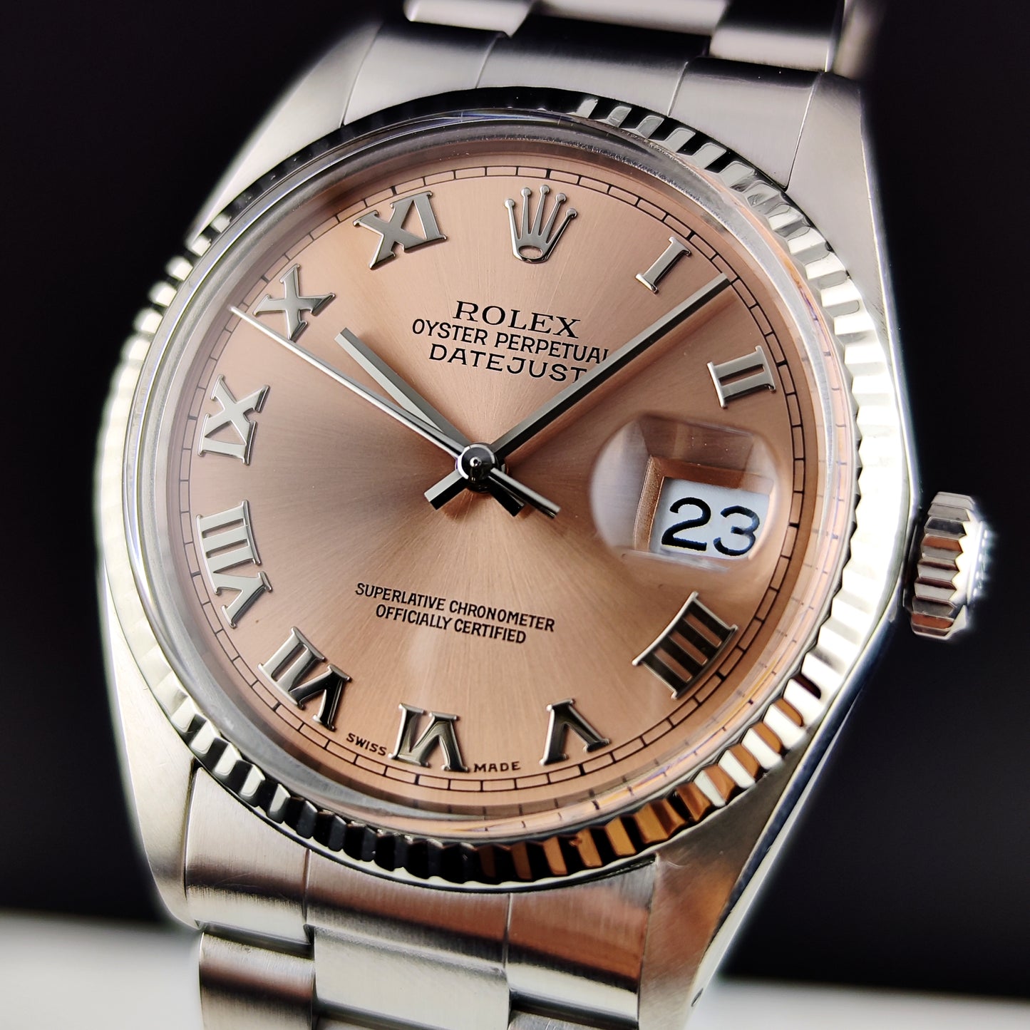 Rolex Datejust 36 Salmon Pink Roman Dial 18ct Bezel Mint+ [REF. 16014]