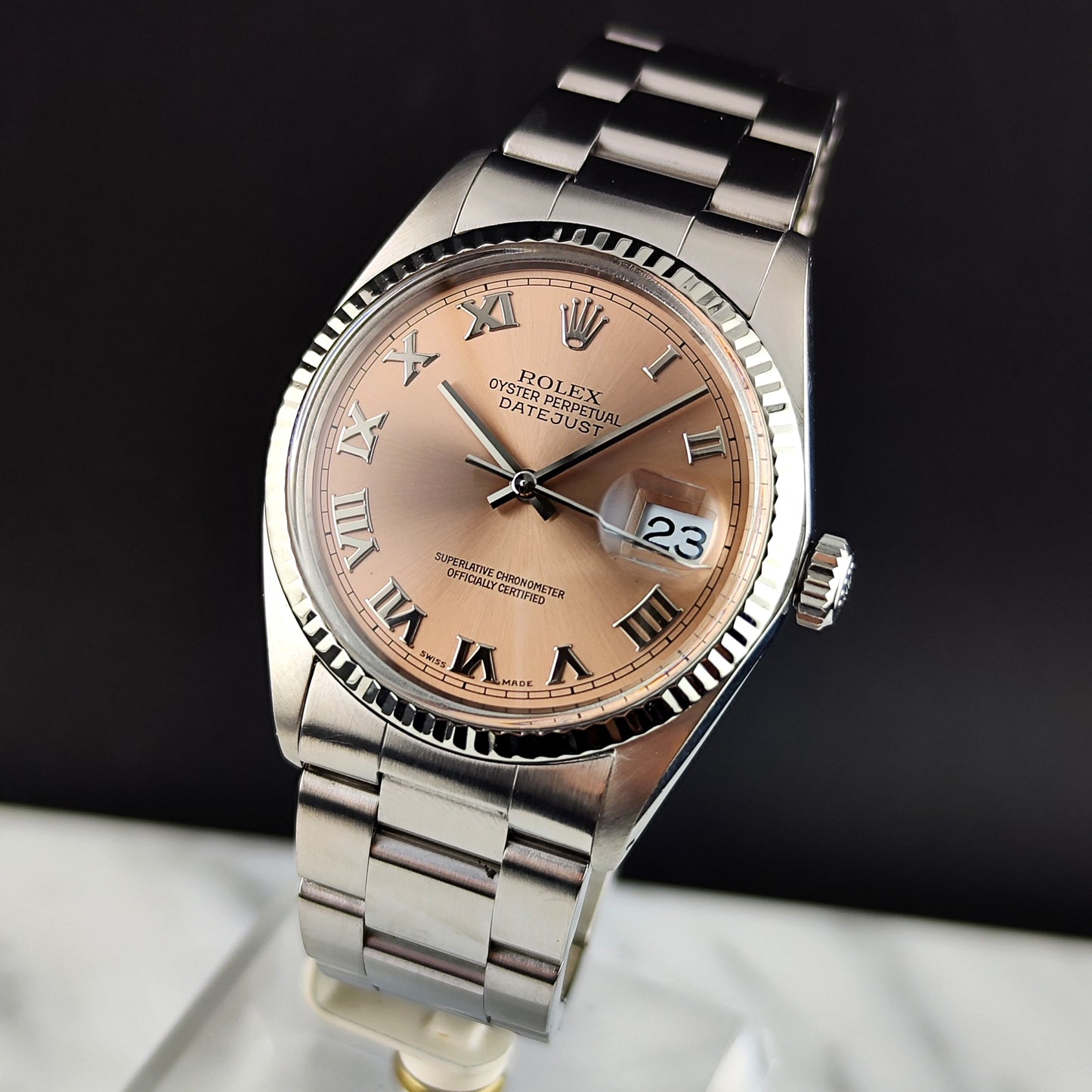 Rolex Datejust 36 Salmon Pink Roman Dial 18ct Bezel Mint+ [REF. 16014]