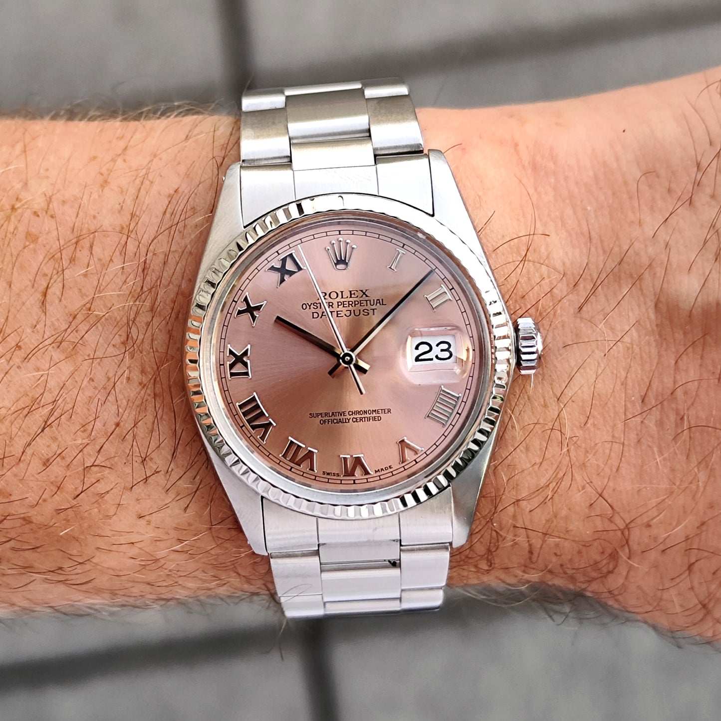 Rolex Datejust 36 Salmon Pink Roman Dial 18ct Bezel Mint+ [REF. 16014]