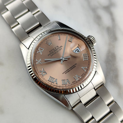 Rolex Datejust 36 Salmon Pink Roman Dial 18ct Bezel Mint+ [REF. 16014]