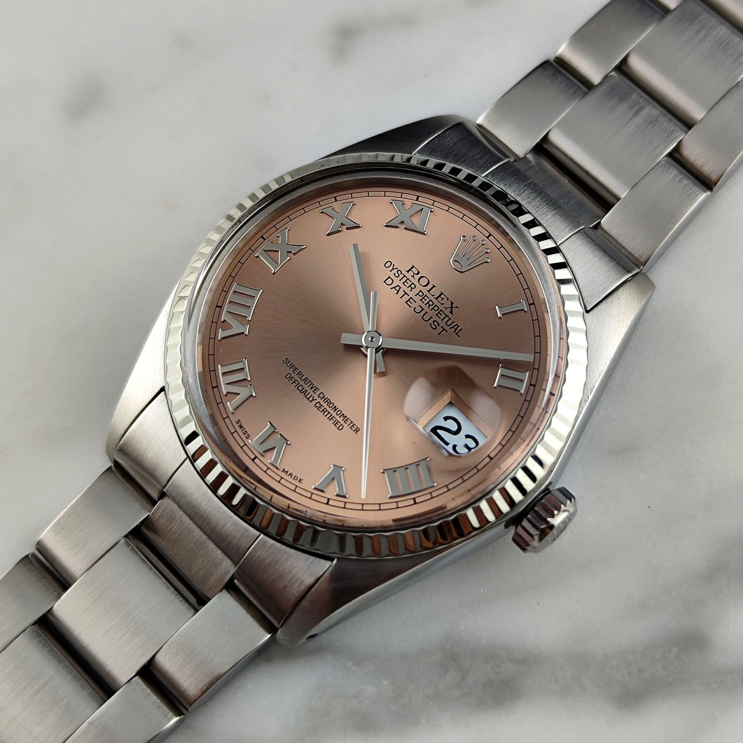 Rolex Datejust 36 Salmon Pink Roman Dial 18ct Bezel Mint+ [REF. 16014]