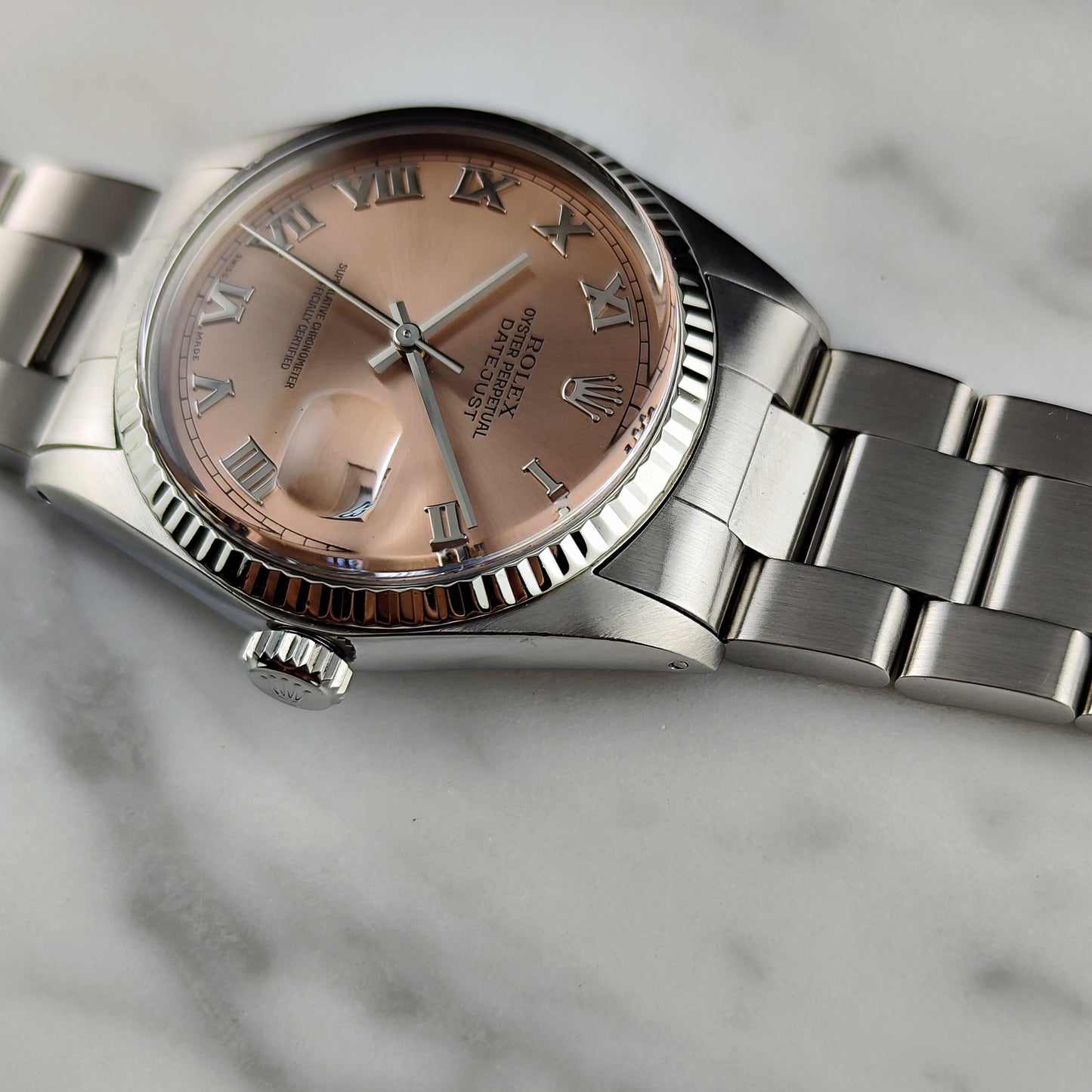 Rolex Datejust 36 Salmon Pink Roman Dial 18ct Bezel Mint+ [REF. 16014]