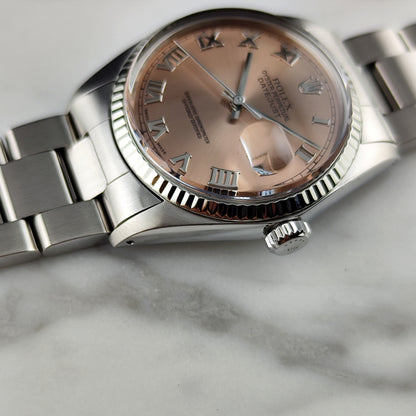 Rolex Datejust 36 Salmon Pink Roman Dial 18ct Bezel Mint+ [REF. 16014]