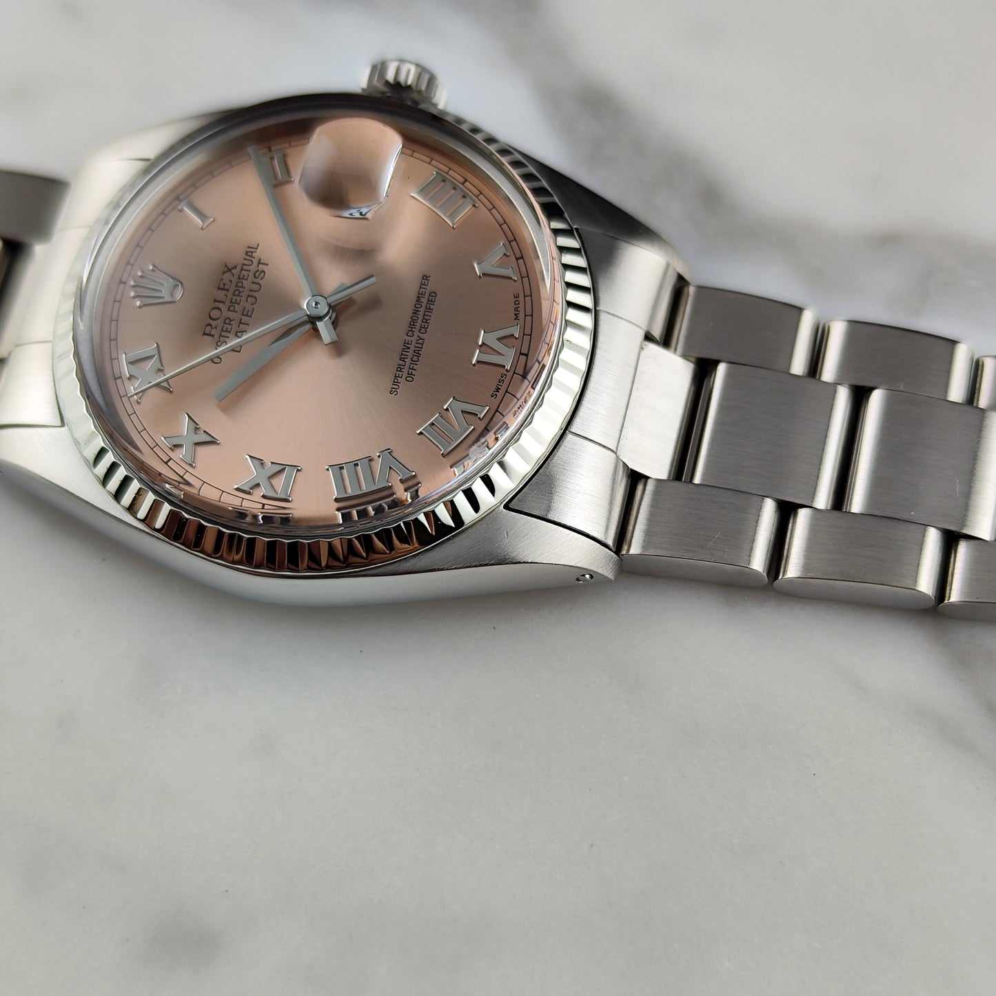 Rolex Datejust 36 Salmon Pink Roman Dial 18ct Bezel Mint+ [REF. 16014]