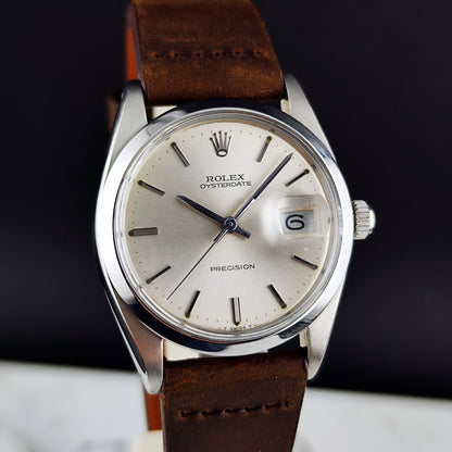 Rolex Oyster Precision Date Silver Dial 1976 Serviced 10/2026 with Box – Vorderansicht mit Zifferblatt