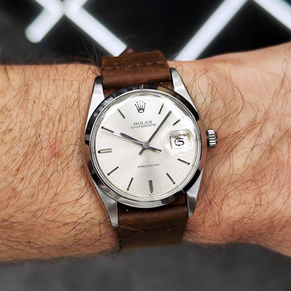 Rolex Oyster Precision Date Silver Dial 1976 Serviced 10/2026 with Box – Uhr am Handgelenk, Vorderansicht