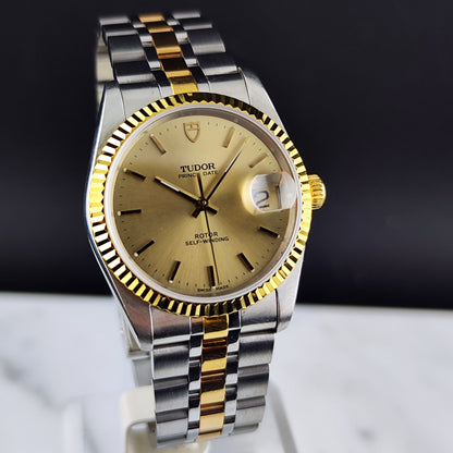 Tudor Prince Date Two-Tone Gold Dial 1997 Serviced 10/2026 – Vorderansicht mit Zifferblatt und Armband