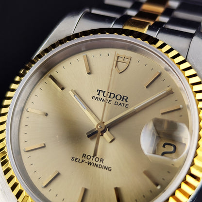 Tudor Prince Date Two-Tone Gold Dial 1997 Serviced 10/2026 – Zifferblatt in Nahaufnahme mit Datum